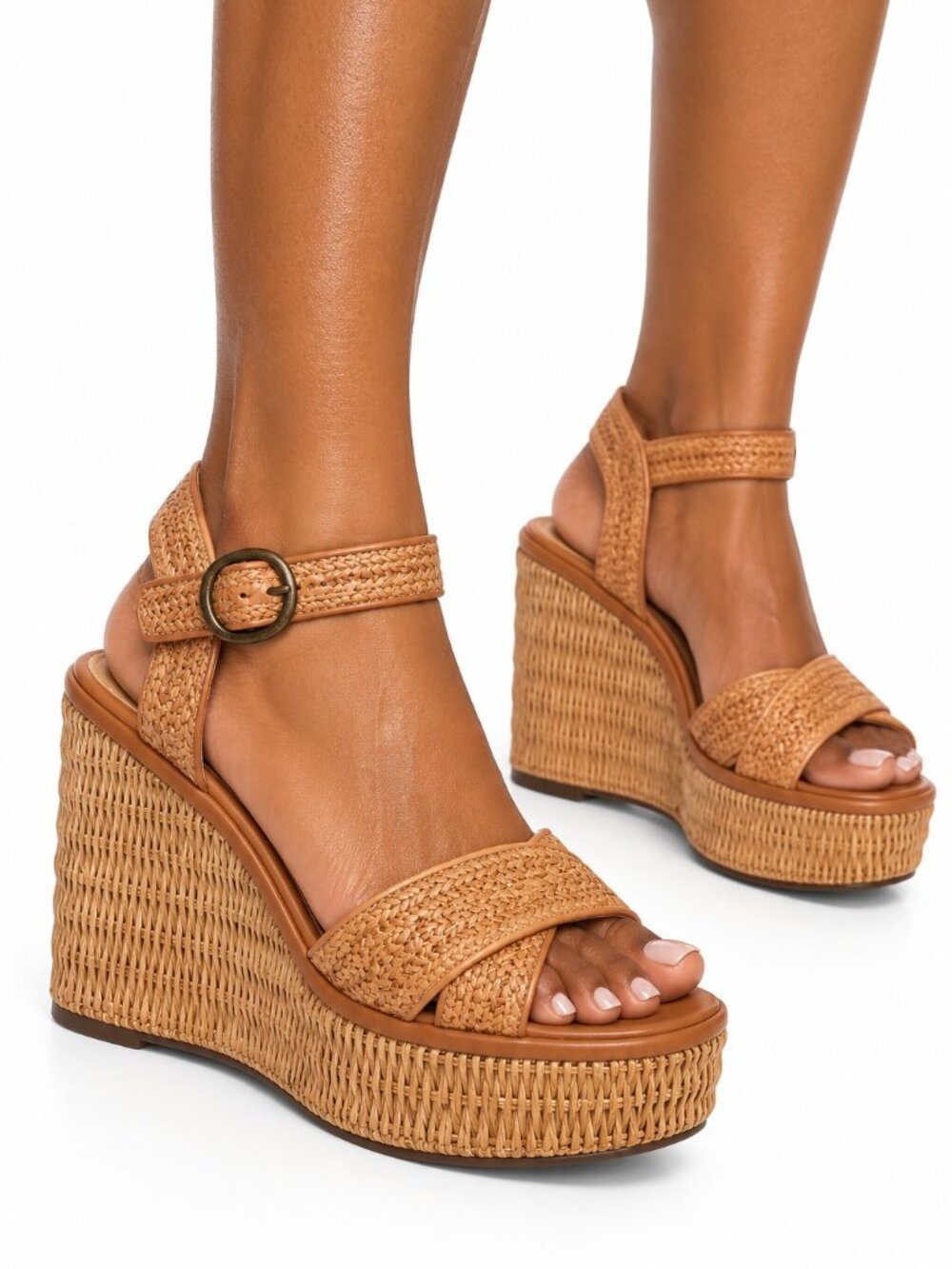Crown Vintage Kehra Wedge Sandals Womens 10 Tan Raffia Platform Boho Ankle Strap